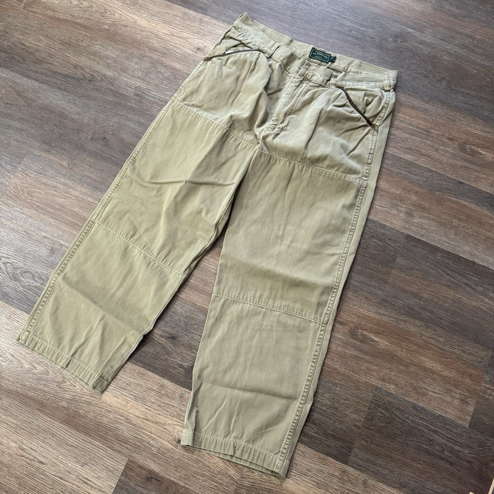 VTG CC Filson Men's Khaki Pants Leather Trim Pockets Sz 38‎ Outdoors Cotton